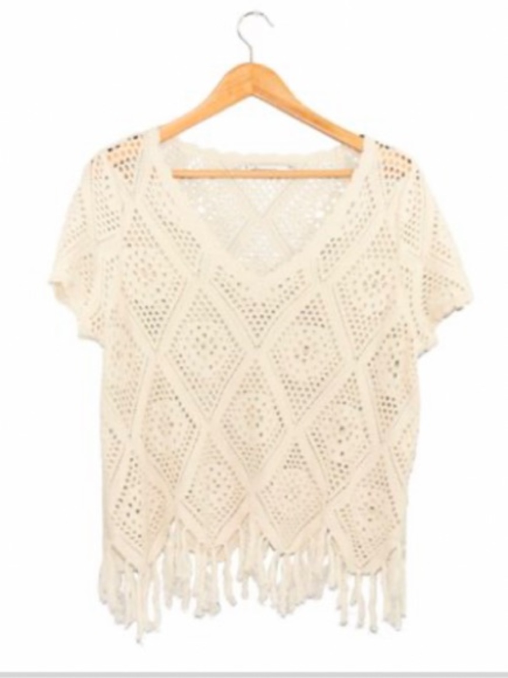NEW• Arpeggio Ivory Bohemian Chic & Unique Crochet Top with Fringe Hemline•2X